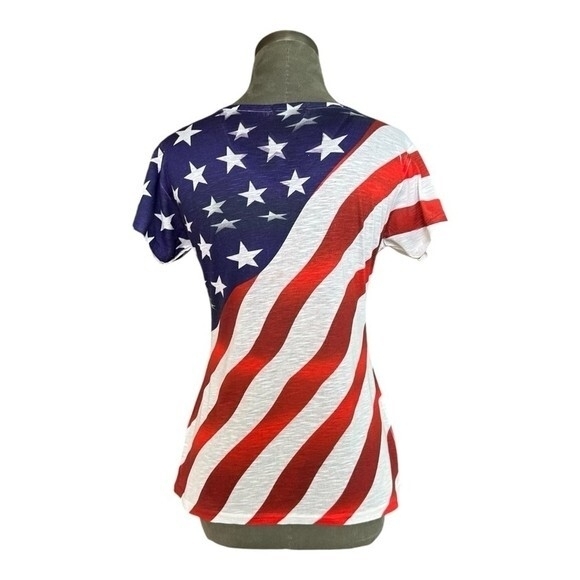 Sweet Gisele Womens Top M Patriotic Tee New York American Flag Rhinestone V Neck - Picture 4 of 6